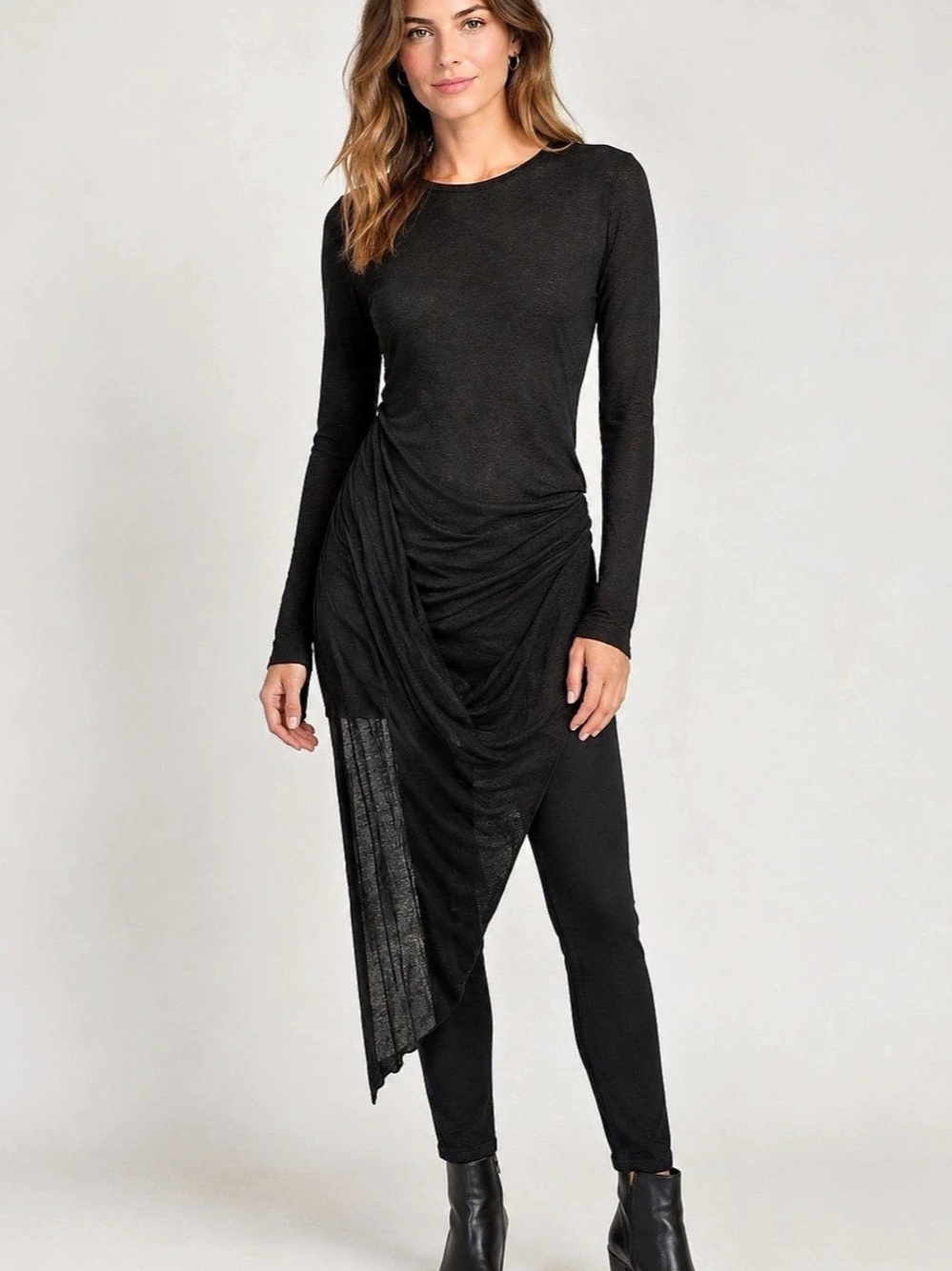 Marcella Black Asymmetrical Ruched sheer tunic Top Size Medium New